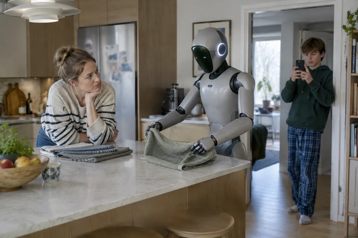 Kvinna och tonåring följer hur en humanoid robot viker en handduk i köket