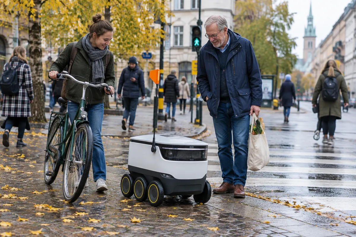 Fotgängare tittar på en självkörande leveransrobot som väntar vid ett övergångsställe
