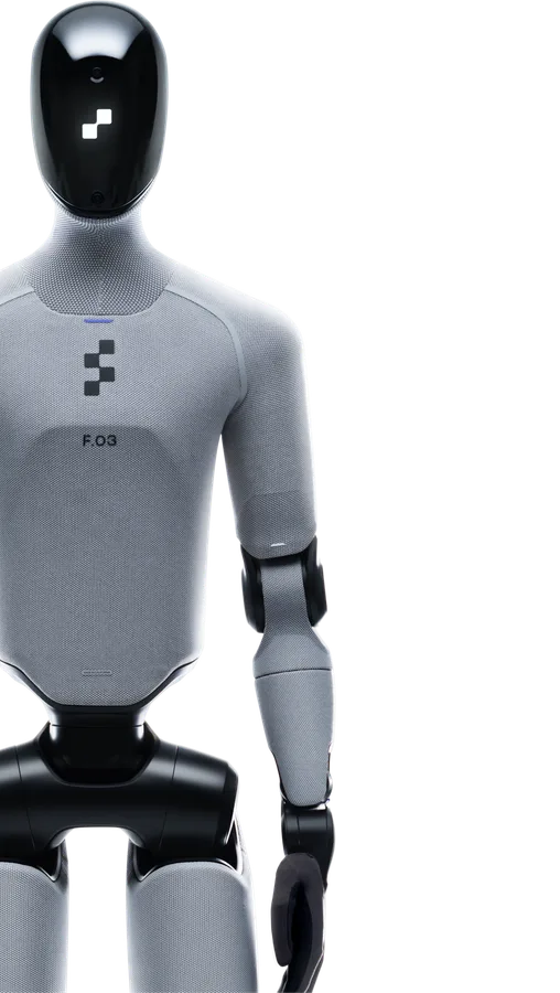 Humanoid robot med grå textilklädd kropp och svart blankt huvud mot vit bakgrund