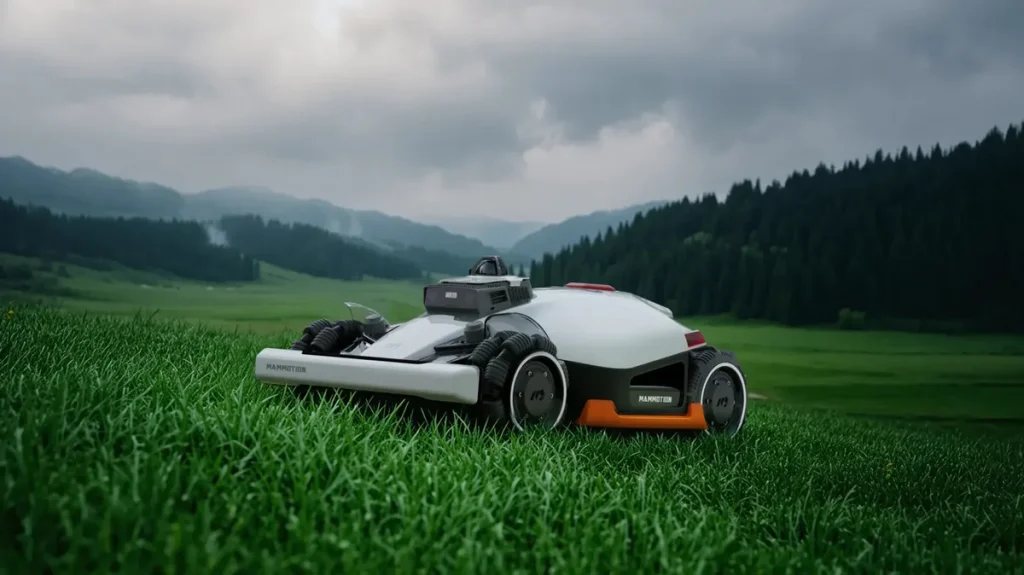 Vit fyrhjulsdriven robotgräsklippare på en kuperad gräsmatta med skogsklädda berg bakom