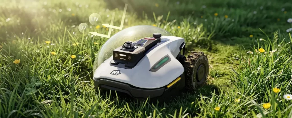 Vit robotgräsklippare med kamera på taket klipper en gräsmatta med gula blommor