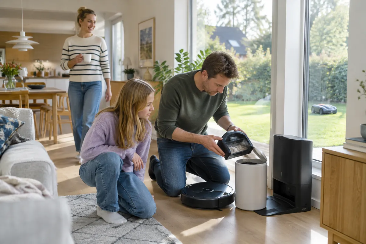 Familj i vardagsrummet tömmer robotdammsugaren medan en robotgräsklippare klipper gräsmattan utanför