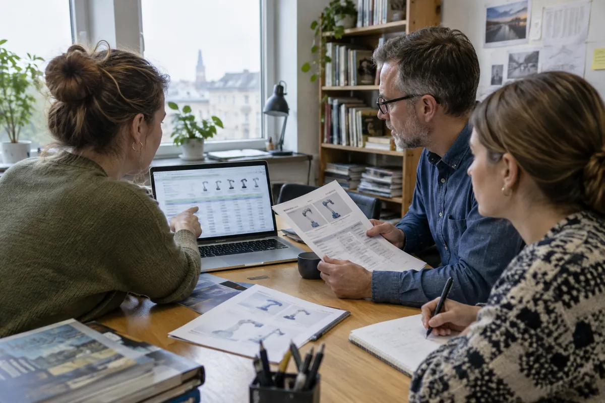 Redaktionen går igenom tillverkarnas specifikationer vid ett gemensamt skrivbord